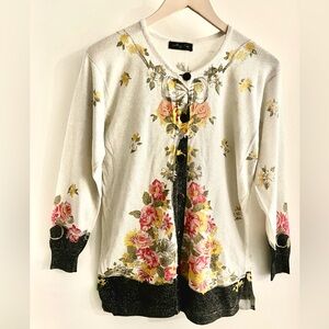 Majolica Ivory Knit Cardigan with Pink & Yellow Floral Detail size medium.